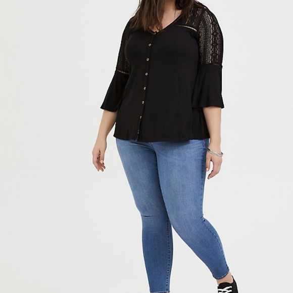 Torrid || 00 Super Soft Lace Black Bell Sleeve Button Up Top - Picture 5 of 11